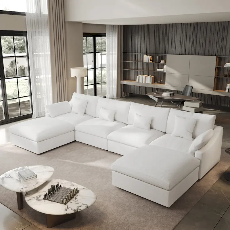 Minimalist Linen Sectional Sofa Down Filled Cloud Couch, U-Shape Deep Seat Couch with Cushions