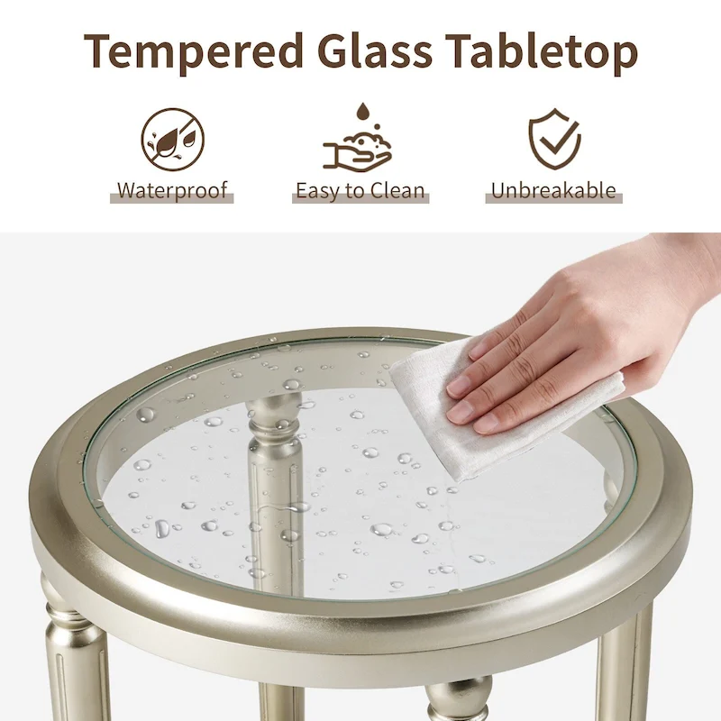 COSIEST Champagne Round Solid Wood Tempered Glass Coffee Table