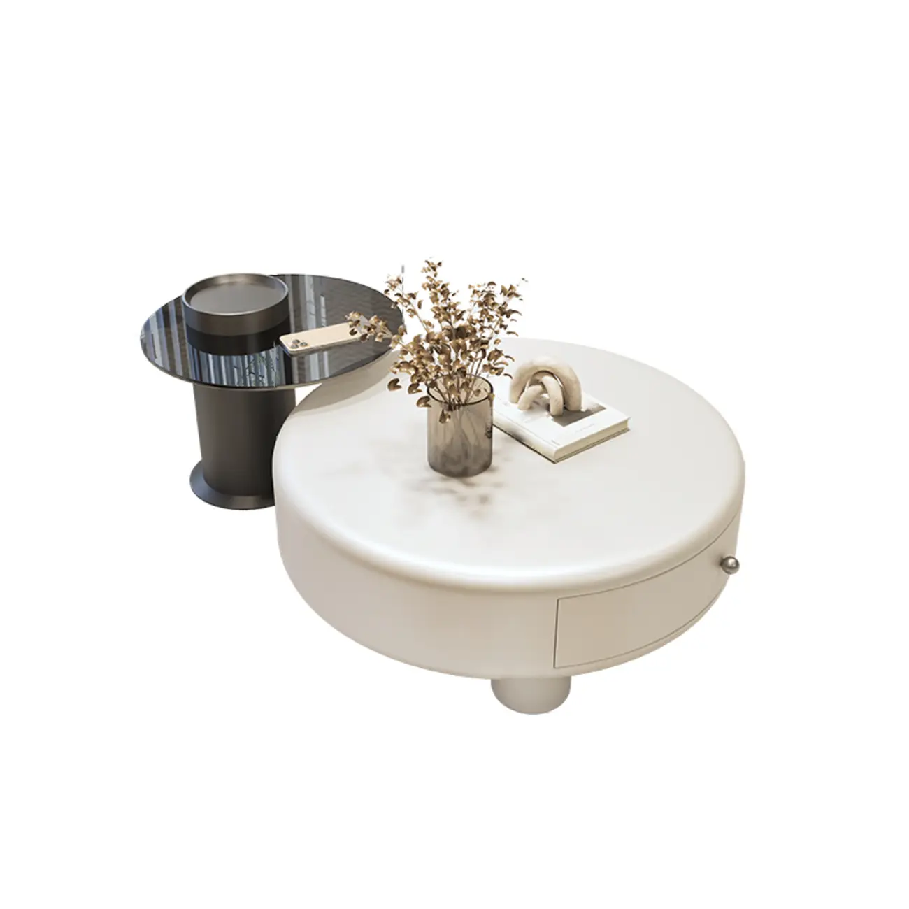 Cream Round Elegant Drawers Round Wood Coffee Table