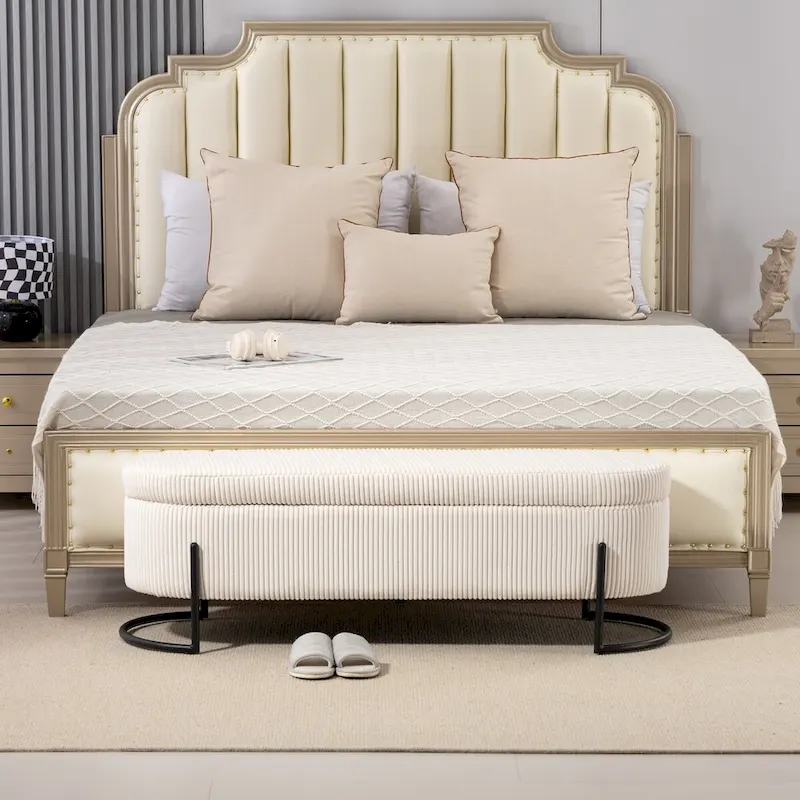 Woven storage Bench with safety hinges, End Bench for Living Room & Bedroom