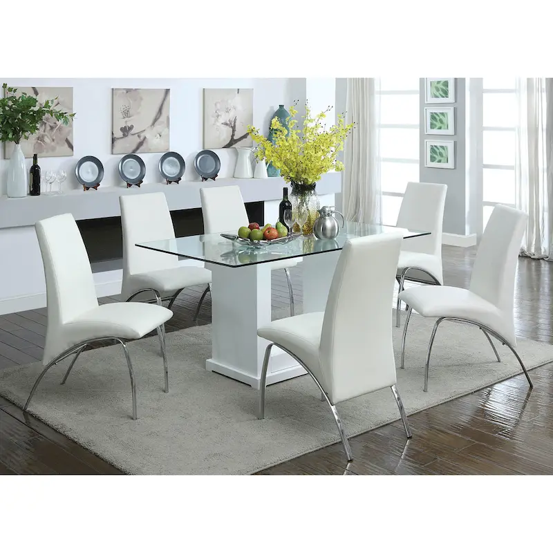 Benton Contemporary White Glass Top 7-Piece Dining Table Set by Furniture of America