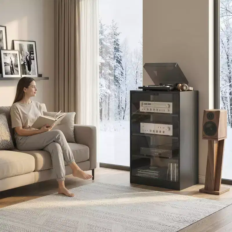 HOMCOM 5-Tier Media Stand Cabinet with 3-Level Adjustable Shelves, Tempered Glass Doors, and Cable Management