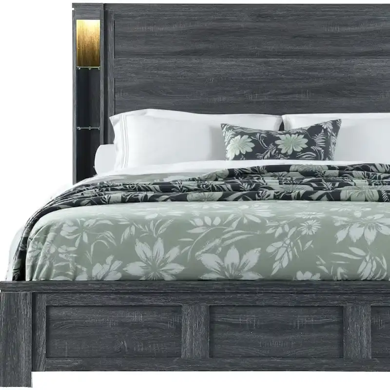 Dark Gray Distressed Wood Lighted King Bed Frame