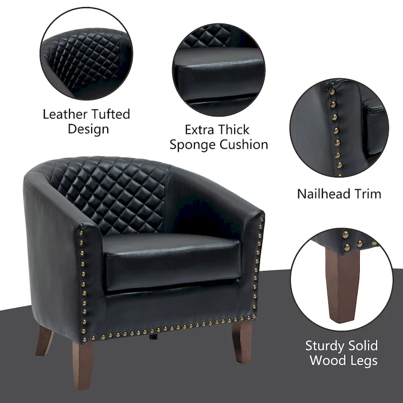 2 Set Vegan Leather Barrel Accent Chairs with Nailheads Trim