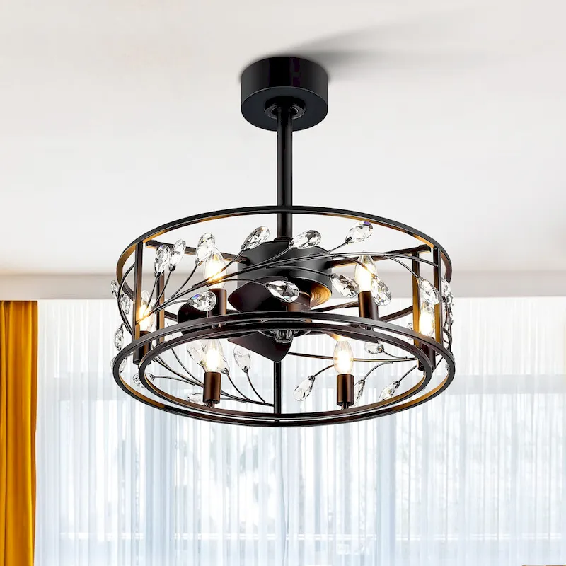 20  Black Caged Ceiling Fan with Crystal Light Kit Remote Control - 20 Inch
