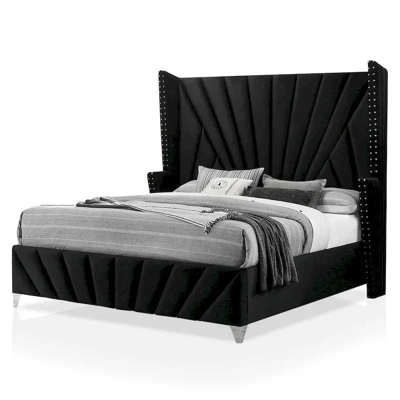 Ambrosia Glam Black Fabric Upholstered Nailhead 3-Piece Panel Bedroom Set by Furniture of America