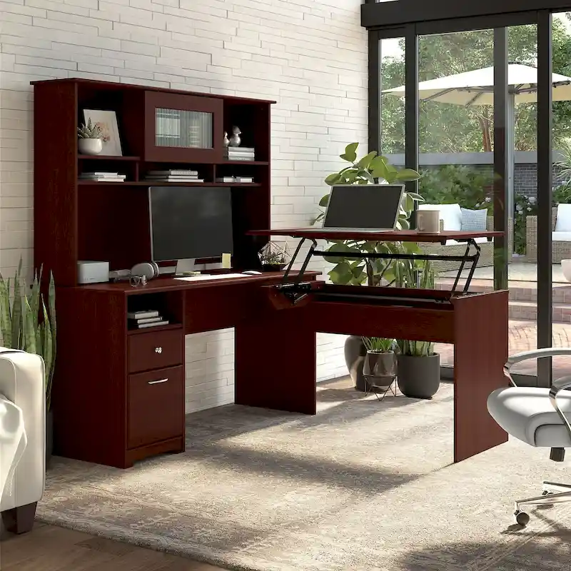 60W 3-position L-shaped Sit to Stand Desk with Hutch by