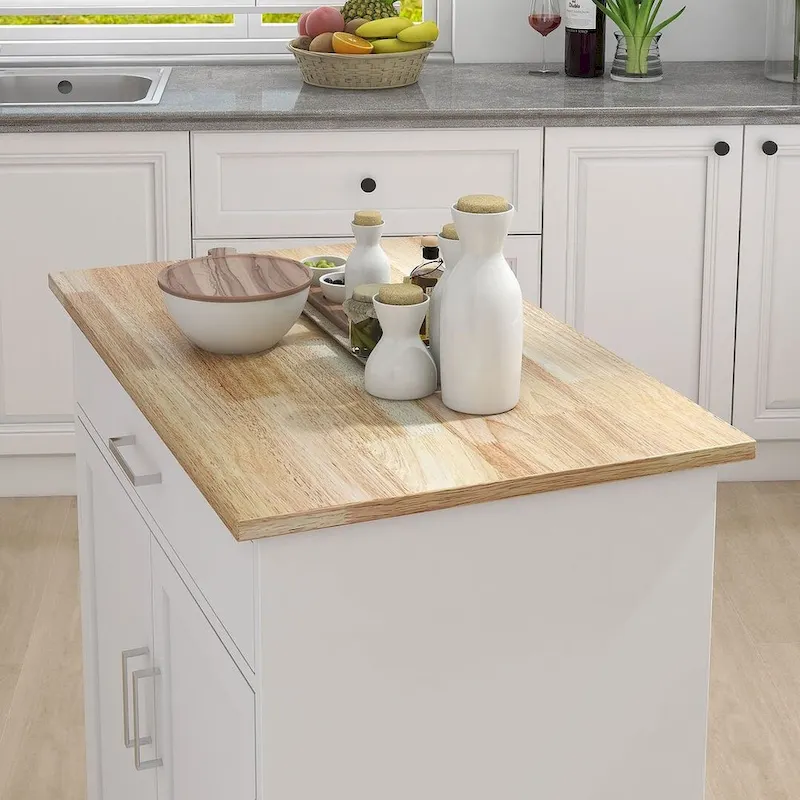 32.87 W Modern Rubberwood Countertop Kitchen Island with Adjustable Shelves and Towel Racks