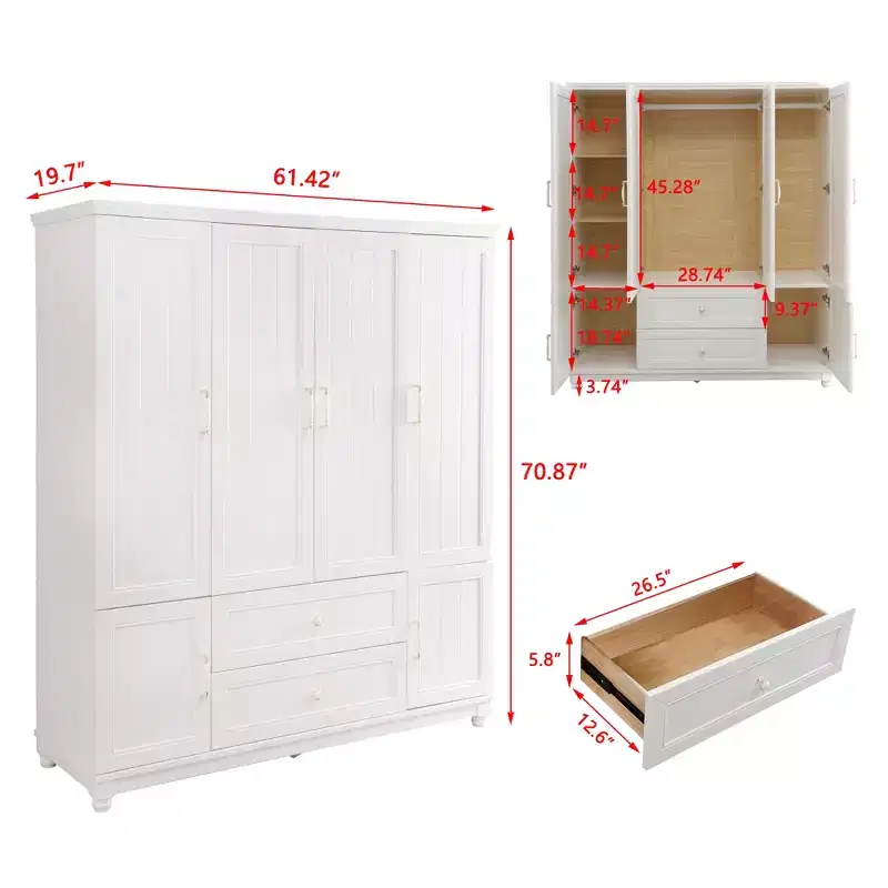 White 4-Door Wardrobe with 2 Drawers - Adult Use