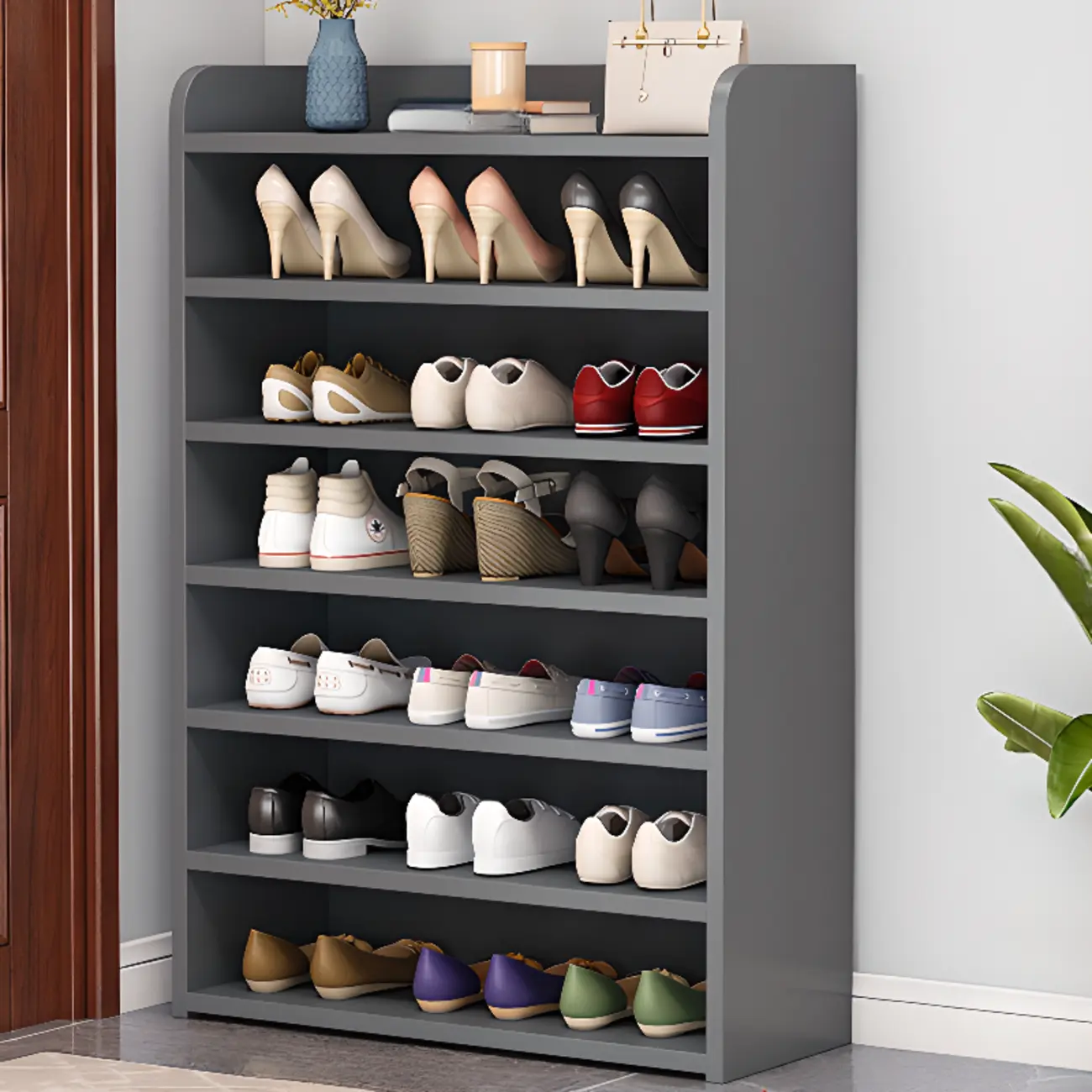 Vertical White Wooden Hallway 6-Tier Open Shoe Rack