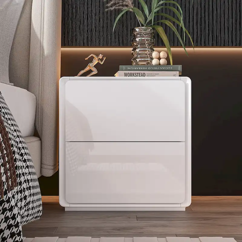 White Modern LED Nightstand High Gloss Bedside Tables with 2 Drawers