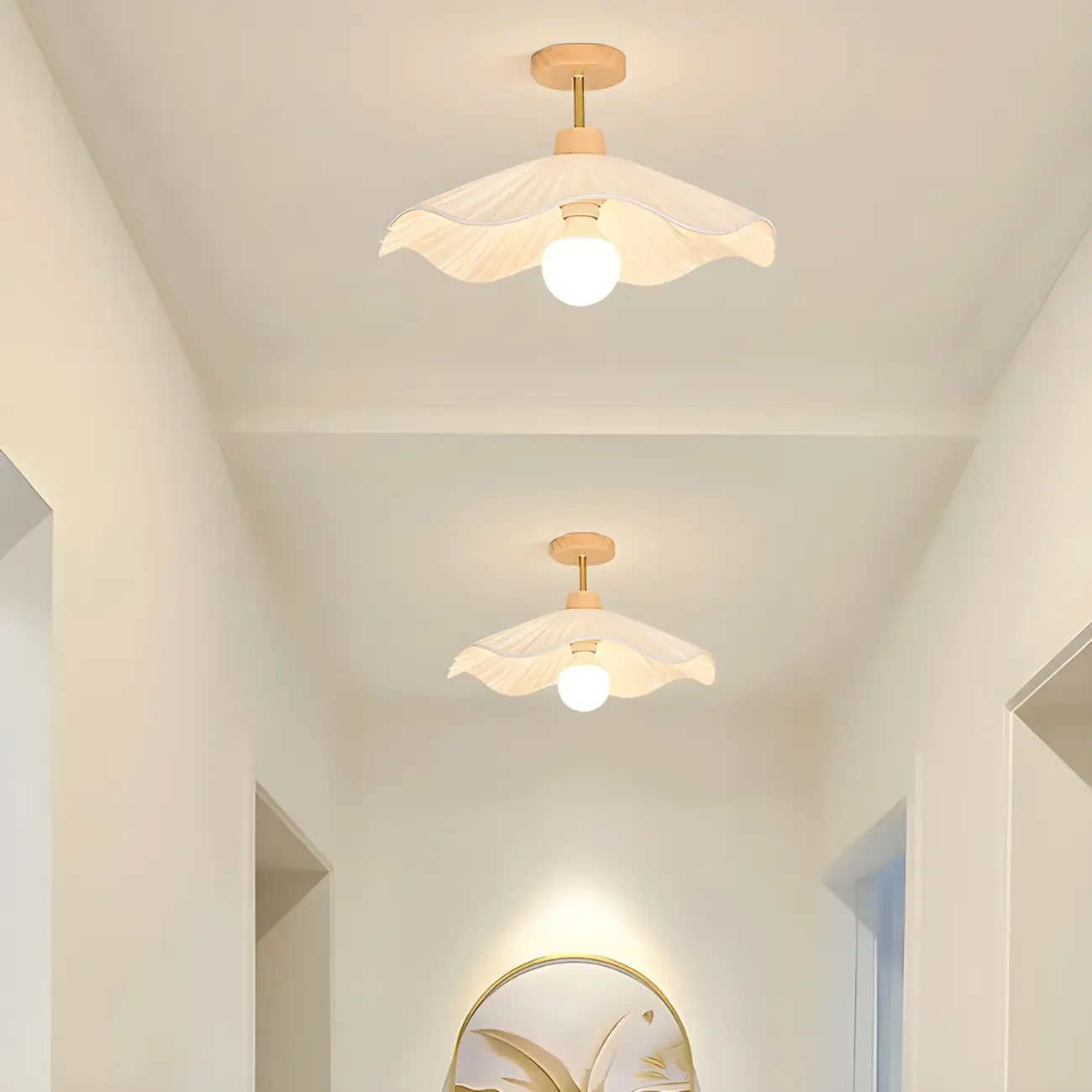 Natural Finish Wood Semi Flush Ceiling Light with Fabric Shade