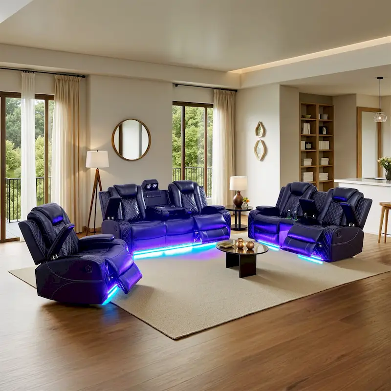 Modern 3-Piece Leather Recliner Sofa Set with LED, Wireless Charging