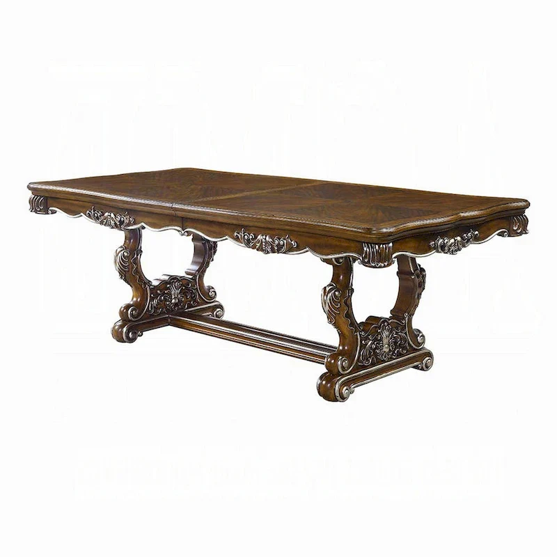 Maver Dining Table, Carved Silver Trim 90-114 Inch Classic Antique Oak