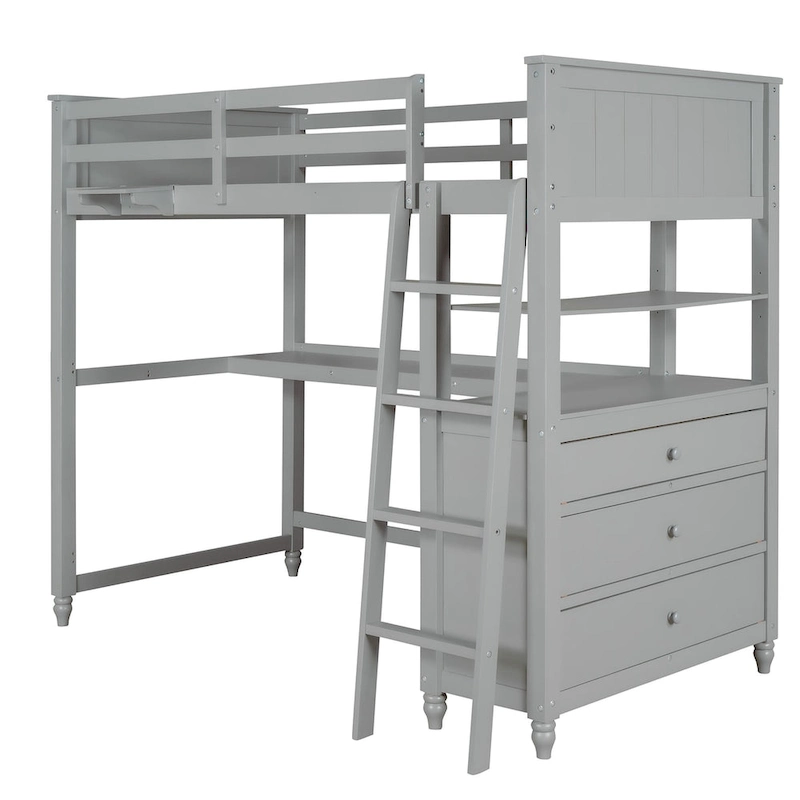 Twin Size Solid Wood Loft Bed with Drawers Chest and Desk, Shelves