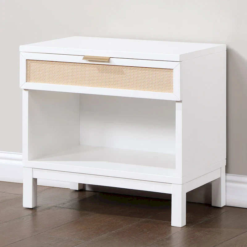 Nightstand - White, Cane Inset Drawer, Gold Pull, Open Shelf, 25W x 24.25H, Coastal Style
