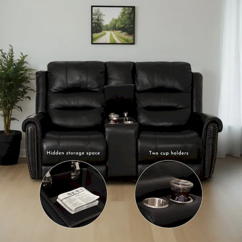 Genuine Leather Black Power Recliner Sofa, Loveseat, Recliner With Adjustable Headrest and Extendable Footrest