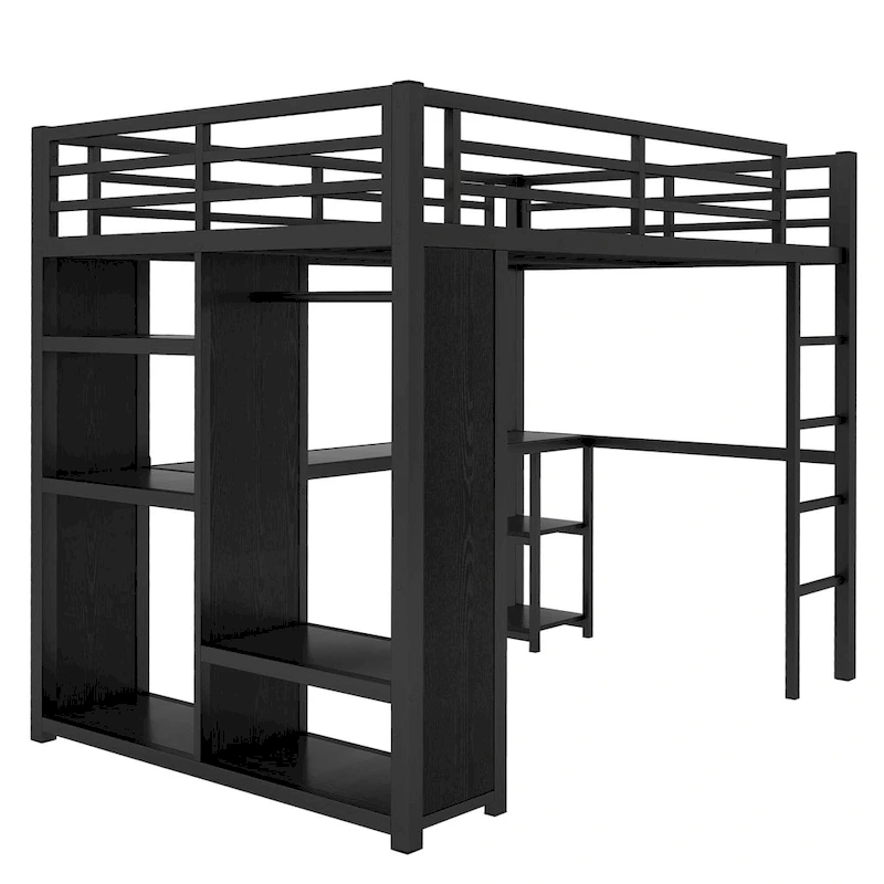 Black Full Loft Bed with Built-in Wardrobe, Desk, and Storage Shelves, Space-Saving Design