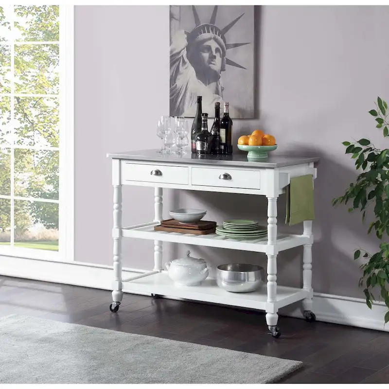 Convenience Concepts French Country 3 Tier Stainless Steel Kitchen Cart with Drawers