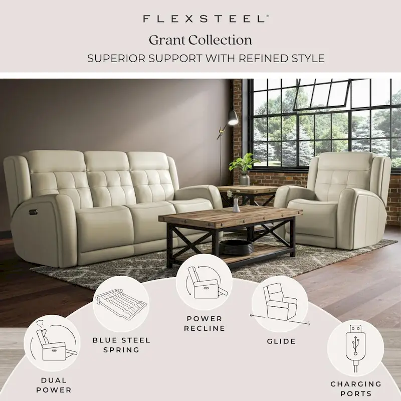 Grant 87 Leather Power Reclining Sofa with Power Headrests by Flexsteel