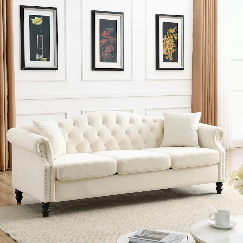 3 Seater Sofa Tufted Couch with Rolled Arms and Nailhead
