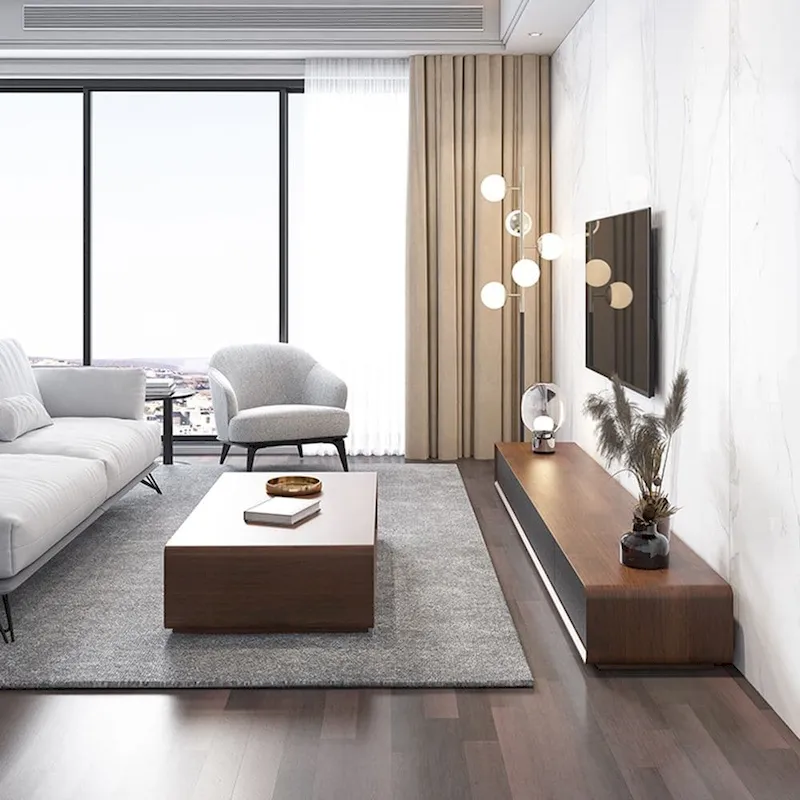 Modern Rectangular TV Stand with 4 Drawers, Wood Veneer Media Console, Walnut White, Soild Wooden, Fully-Assembled