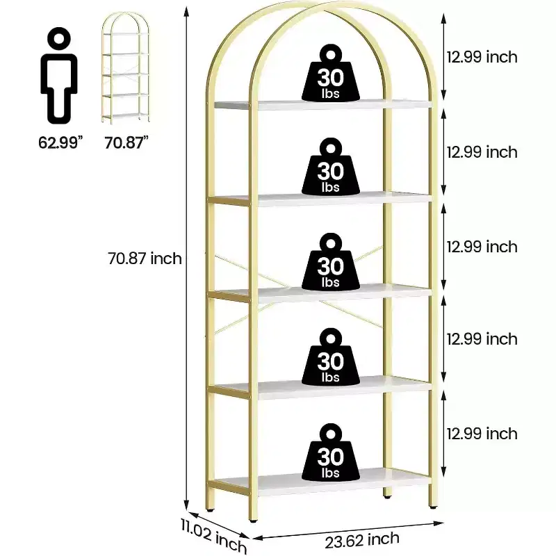 Gold & White 5-Tier Arched Bookshelf, Individual Use