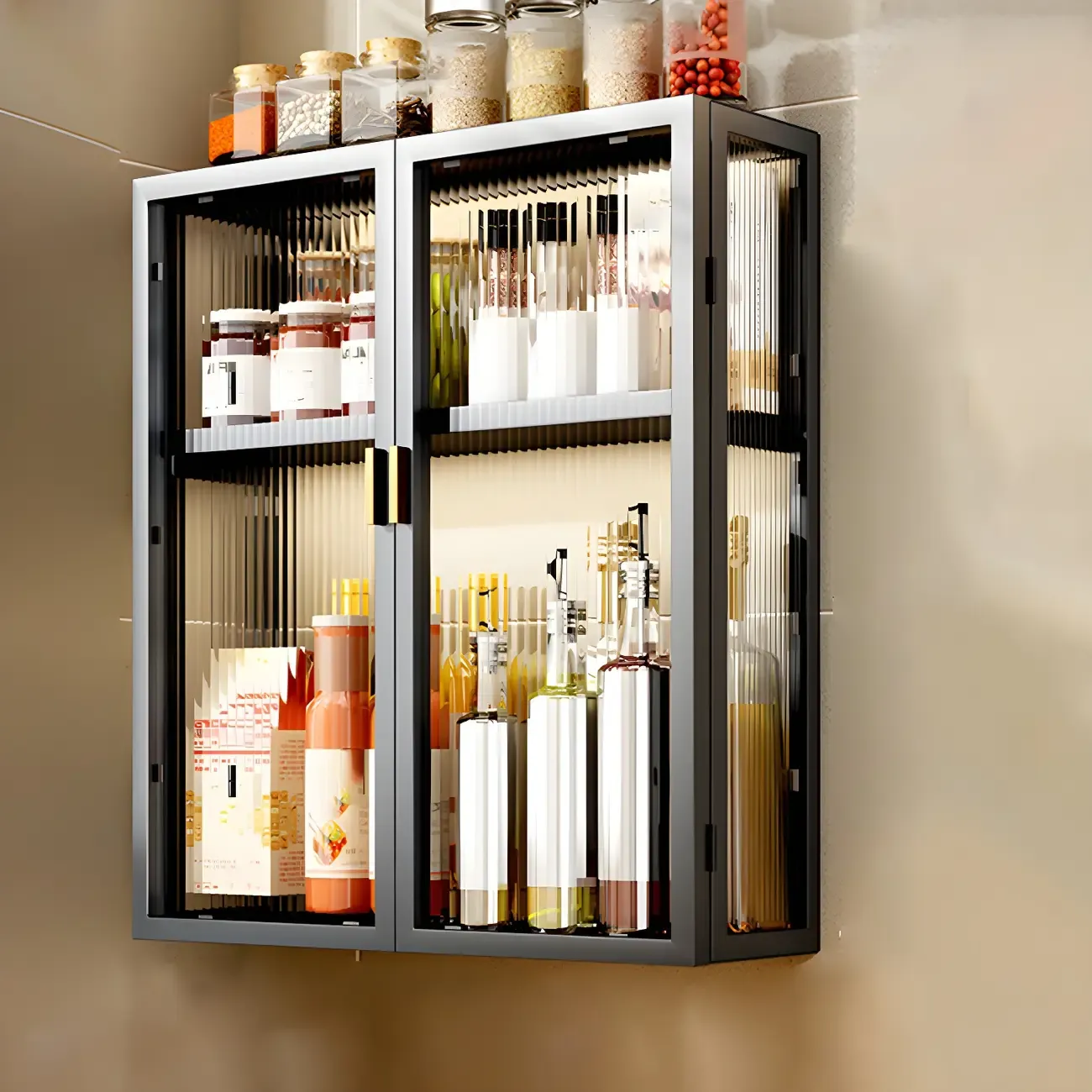 Kitchen Black Modern Metal Floating China Cabinet