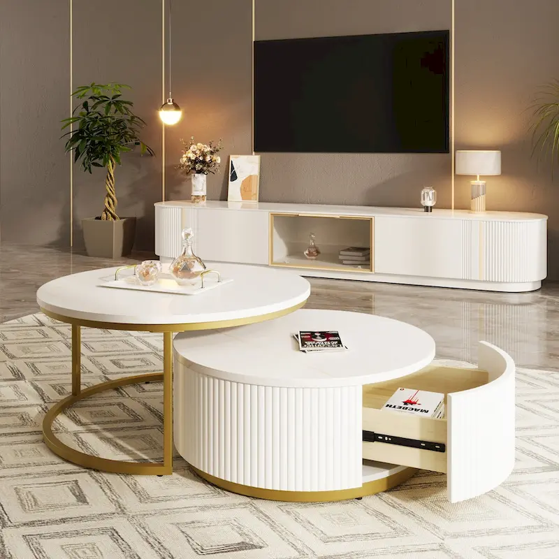 Modern Round Nesting Coffee Table Fluted with Drawer