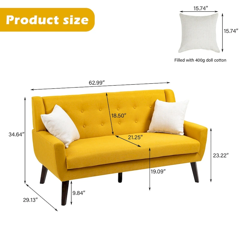 Modern Curved 63  Button Tufted Upholstered Loveseat with 2 Pillows