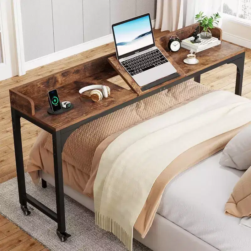 Brown Adjustable Overbed Table with Tilt Stand and Lockable Wheels – Queen Size
