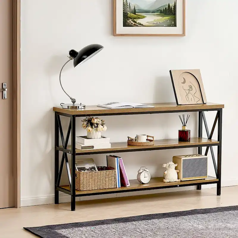 Brown Black MDF Metal Console Table, 3-Tier Long Hallway Table 240 lbs Top Load Capacity - 55.1 L x 13.4 W x 30.0 H