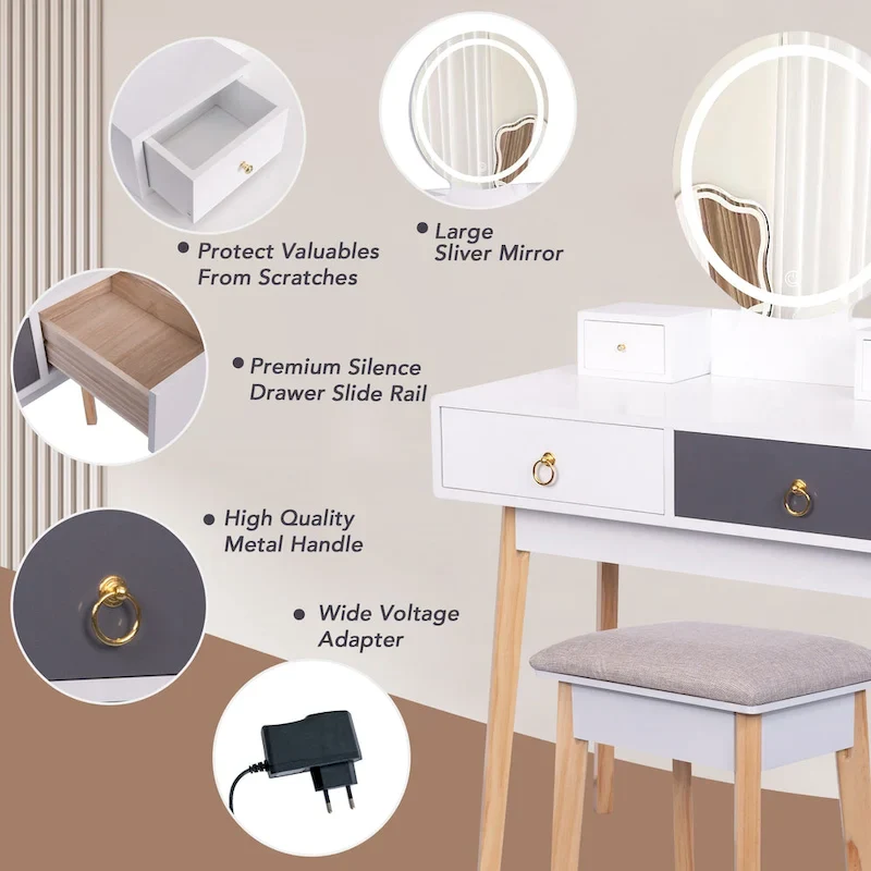 Modern Vanity with 4-Drawer Make-up Table Set with Mirror and Lights