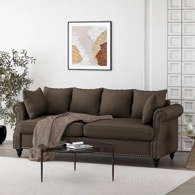 Manbow Fabric Pillowback 3 Seater Sofa with Nailhead Trim by Christopher Knight Home