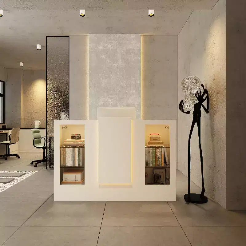 White Reception Desk Counter Table with Glass Display Shelves and LED