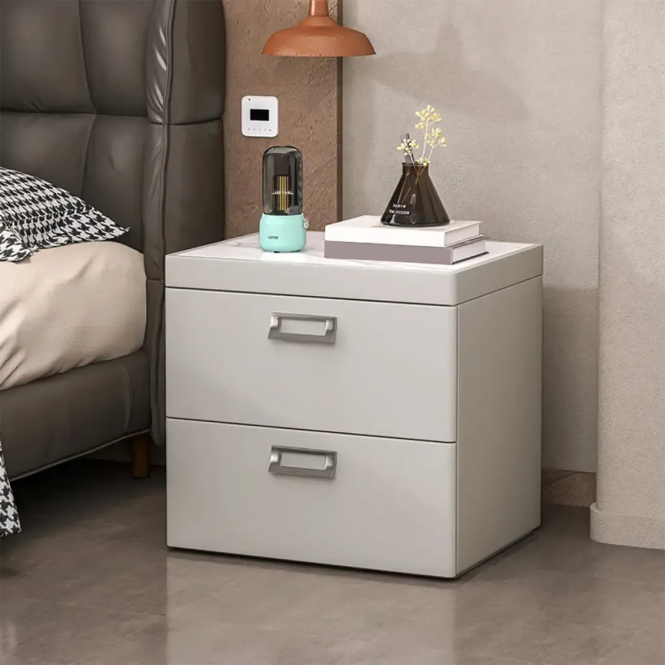 Modern Faux Leather 2 Drawers Nightstand with Stone Top