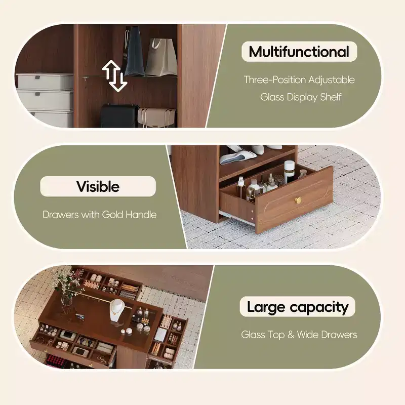 Whisen Closet Island with 6 Drawers, Glass Display Top and Open Shelves, Compartments