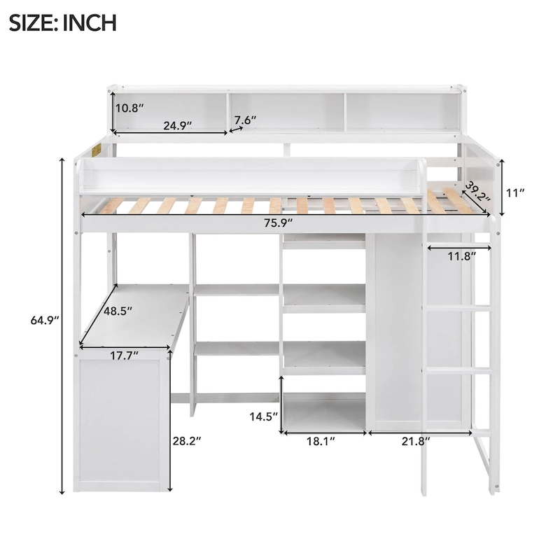 Twin Wood Loft Bed with Shelves, Wardrobe, and Desk