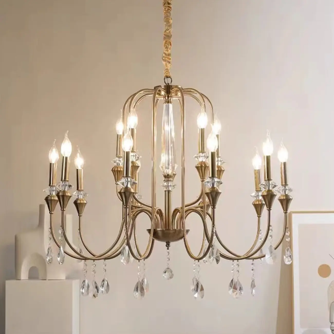 Metallic Alloy Hanging Gold Adjustable Crystal Chandelier