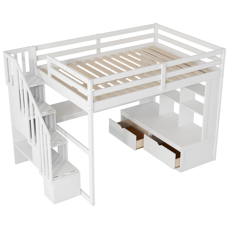 White Full Solid Wood Loft Bed with Desk & Drawers