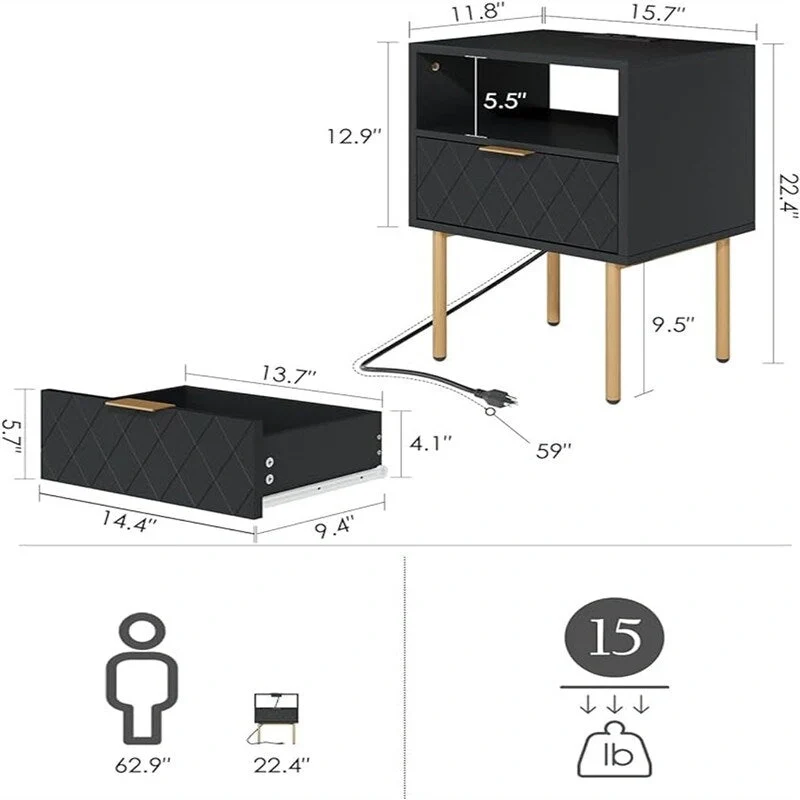 Nightstand with Charging Station - 11.81D x 15.75W x 22.05H