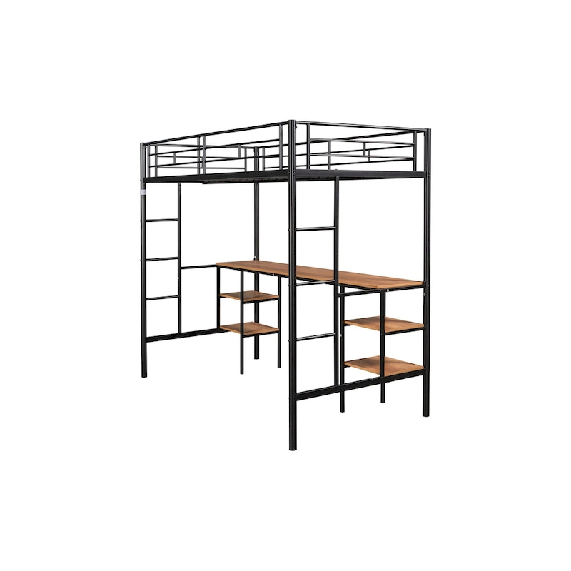 Twin Metal Loft Bed with Table, Shelves, Guardrails, and Ladders