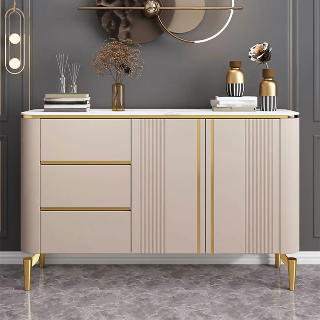 Glam Large Stone Top Handle Free Gold Metal Storage Cabinet