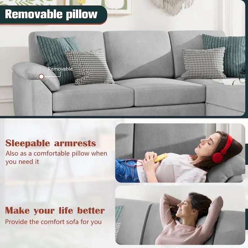 Futzca Sectional Sofa Couch, 3 Seat L Shaped Sofa with Removable Pillows