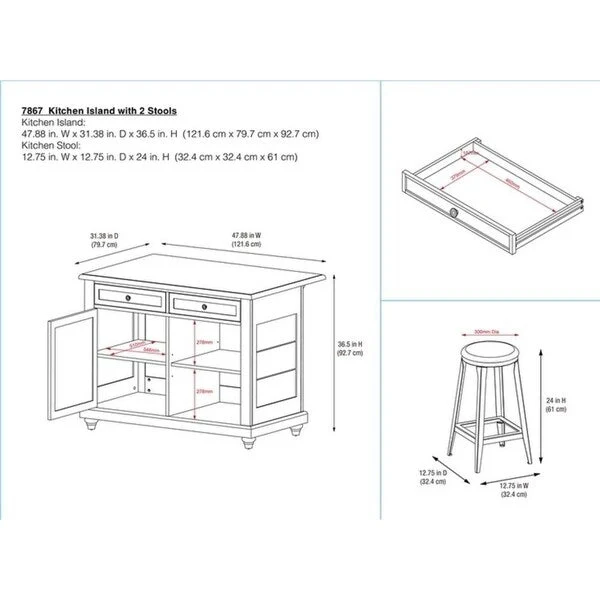 Avenue Greene Betty Kitchen Island with 2 Stools
