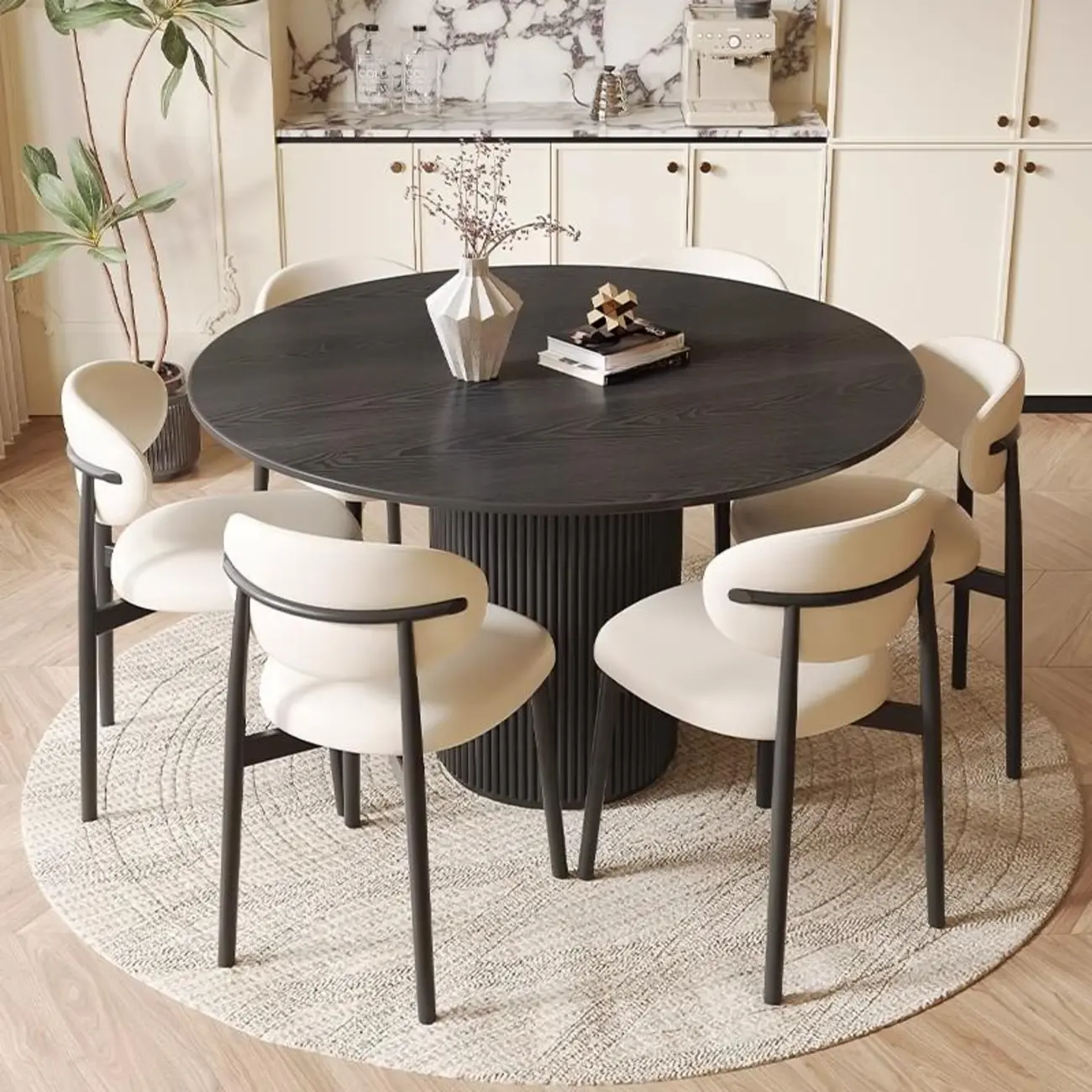 Modern Black Round Wood Cylindrical Base Dining Table