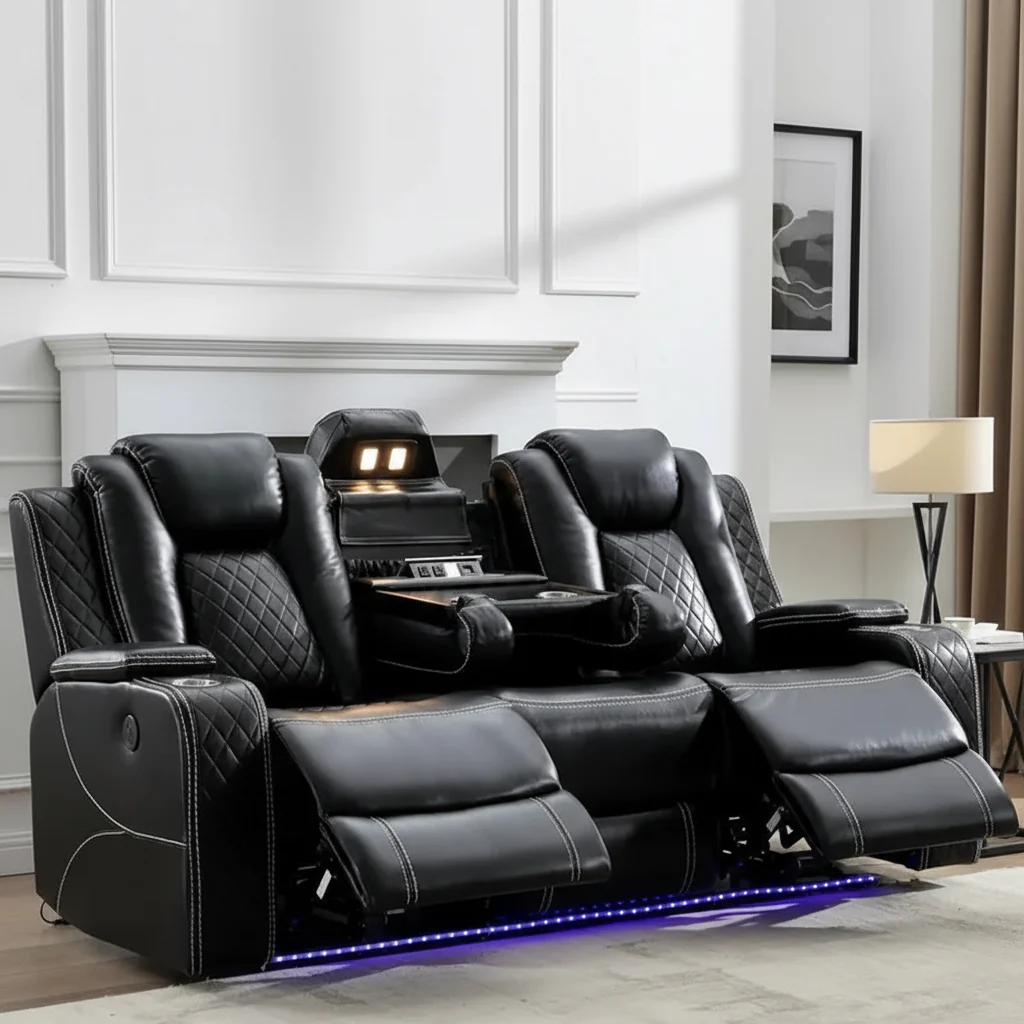 Power Reclining Sofa with Wireless Charger & LED Light – Faux Leather, Black