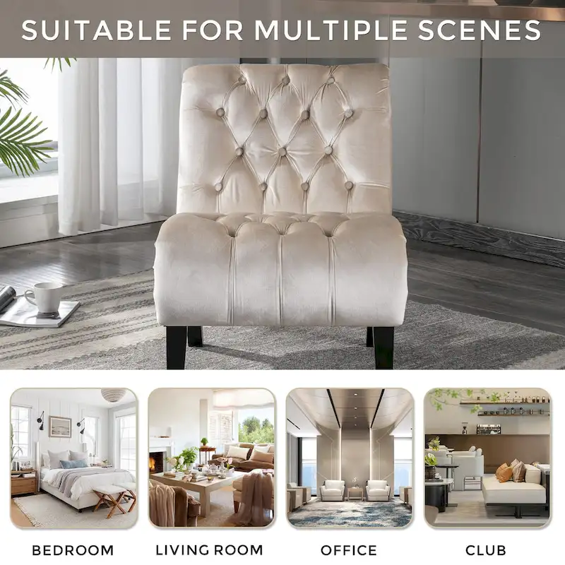 Beige Velvet Accent Chair with Button Tufting and Wooden Legs
