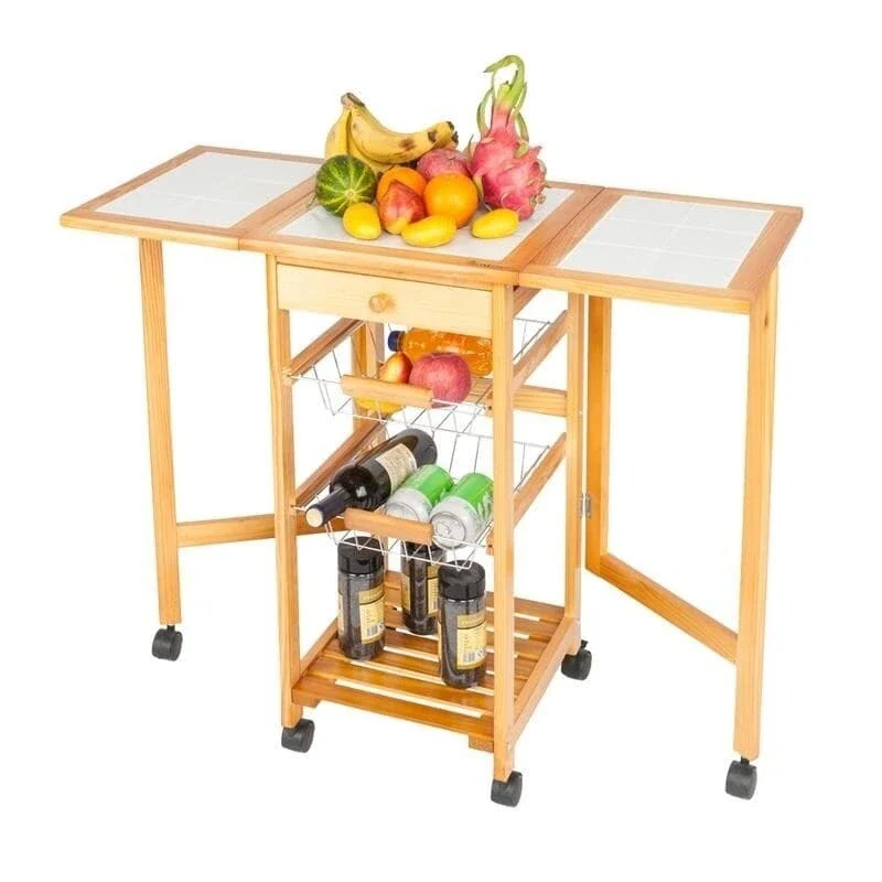 Portable Rolling Drop Leaf Kitchen Storage Trolley Cart