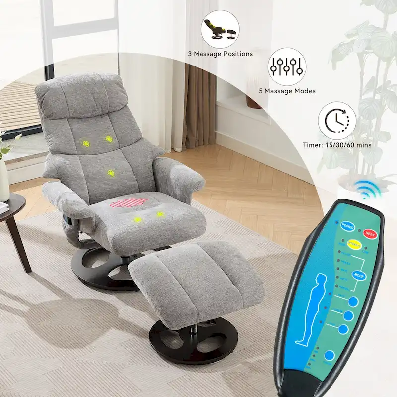Heated Massage Armchair Chenille Fabric Seating Swivel Recliner Chair with Ottoman, Adjustable Backrest and Remote